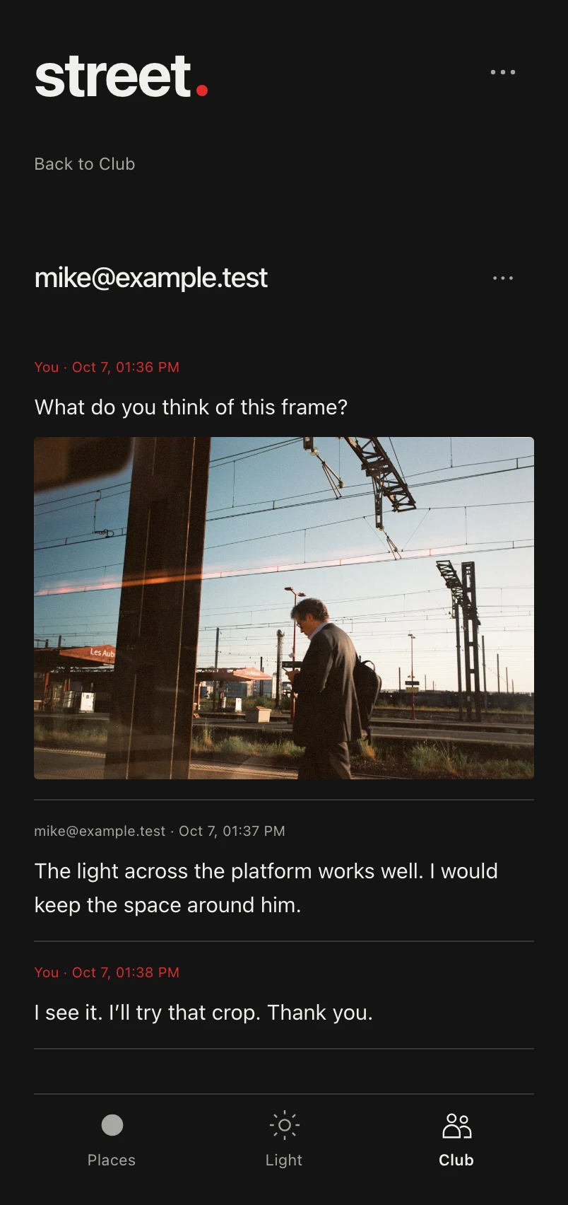 An illustrative private Club conversation about a photograph