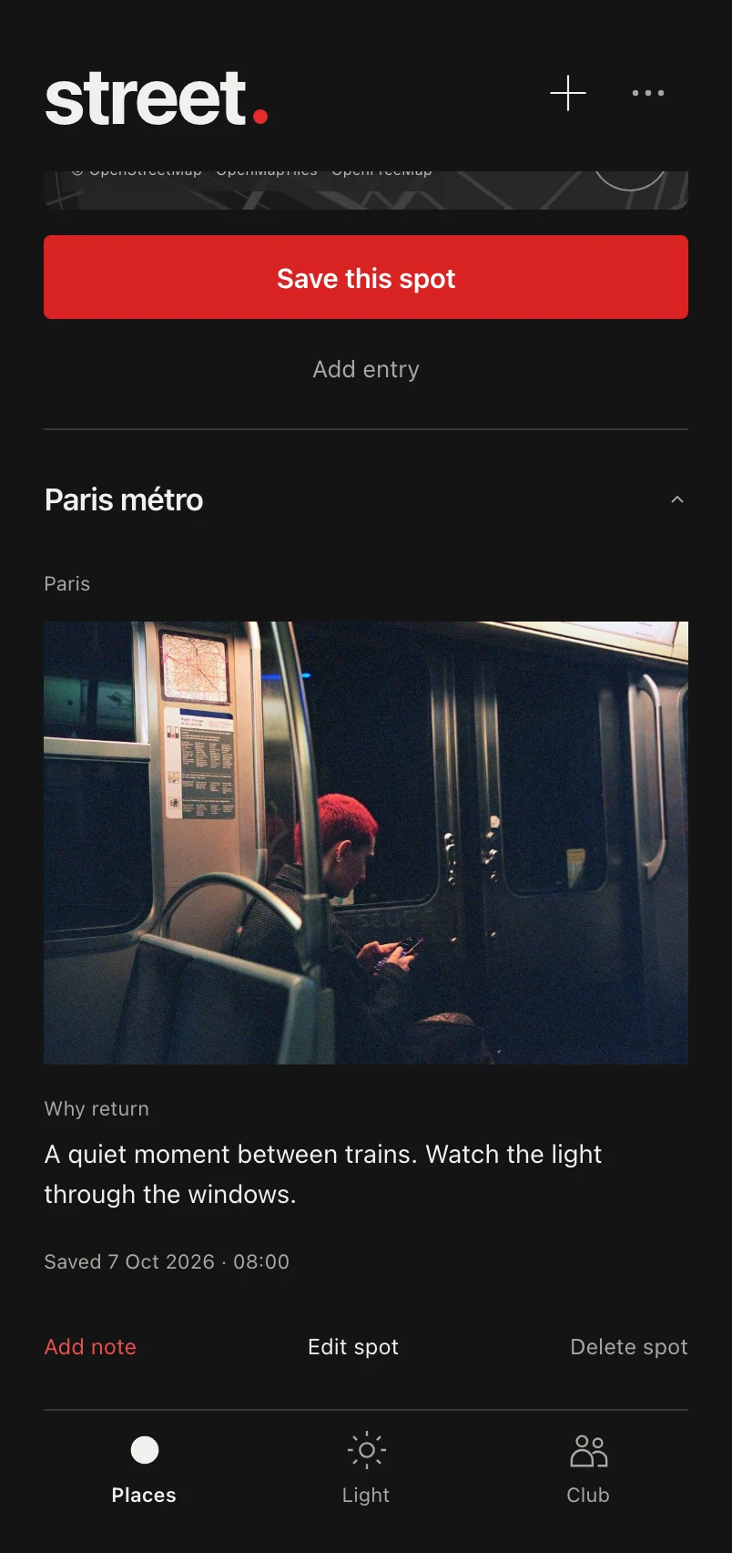 A saved Paris métro entry with a photograph, location and reason to return